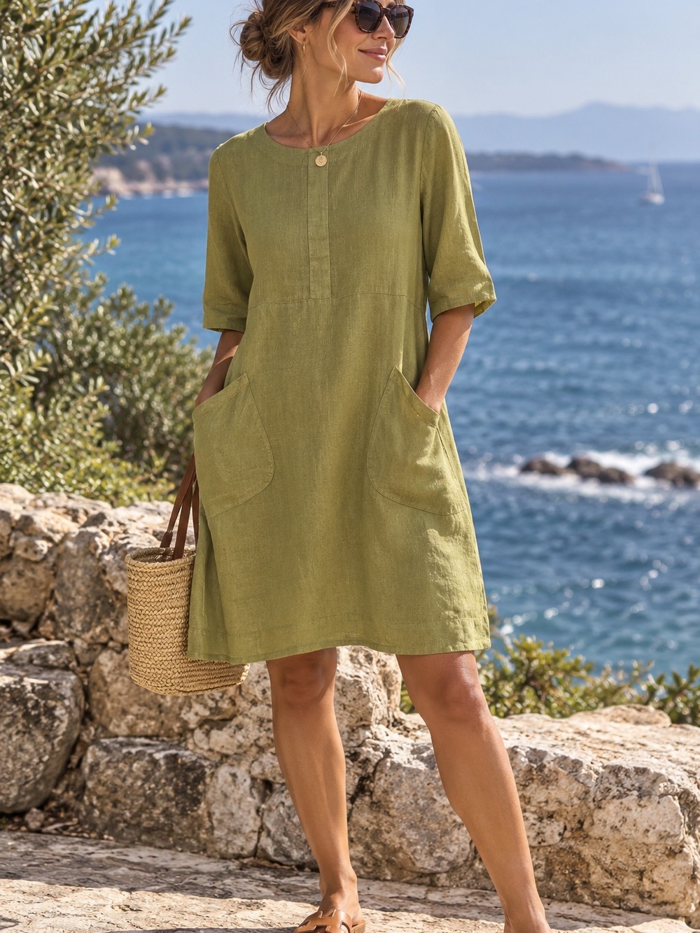 💚 100% Linen Olive Green Pocket Dress | Made in USA | Size M